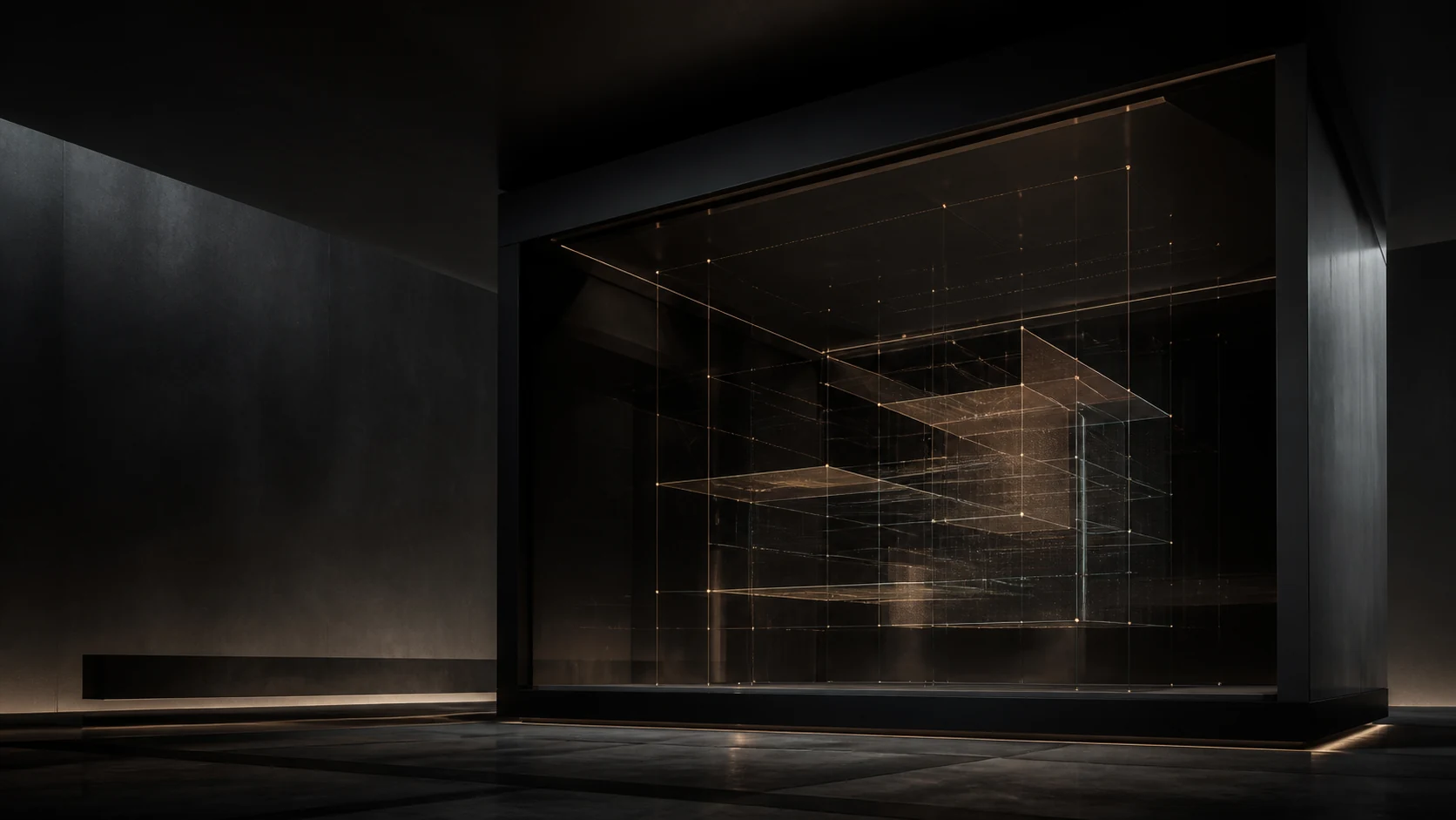A luminous geometric evidence structure held within a dark architectural chamber