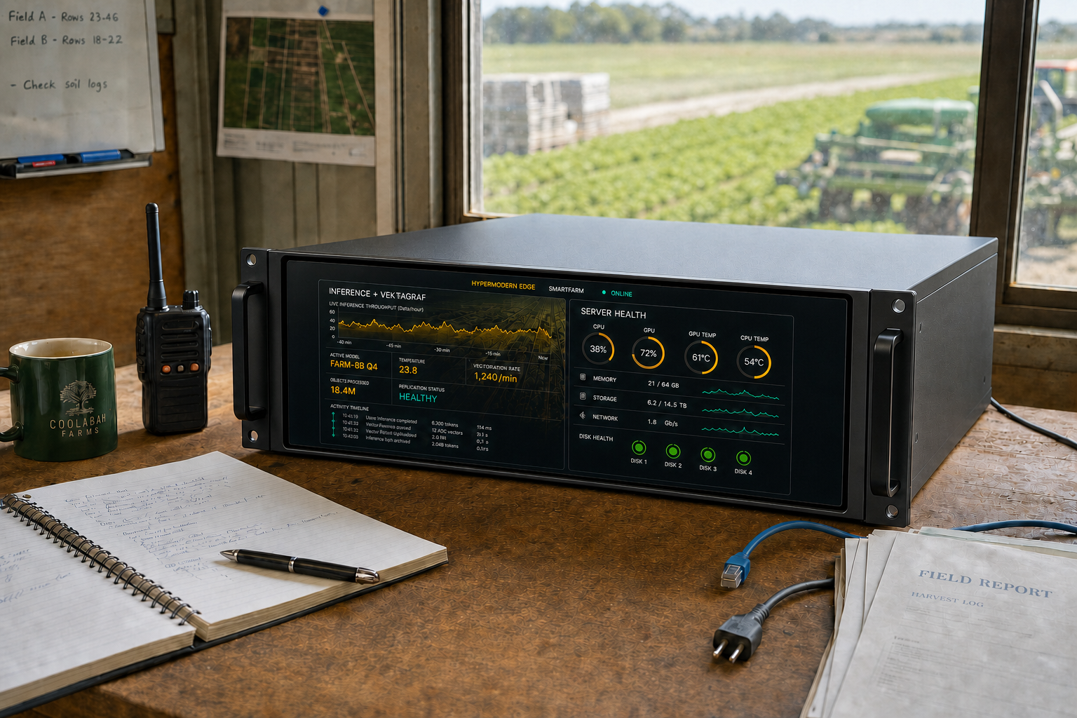 Hypermodern Edge 3U appliance operating beside a working farm field
