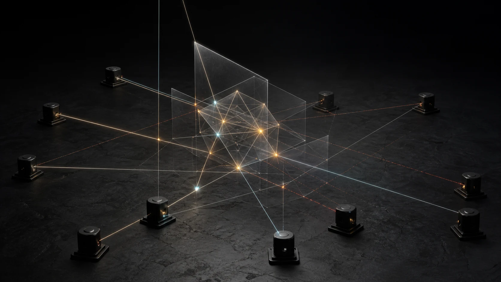 Independent local evaluator nodes testing a shared geometric reasoning structure